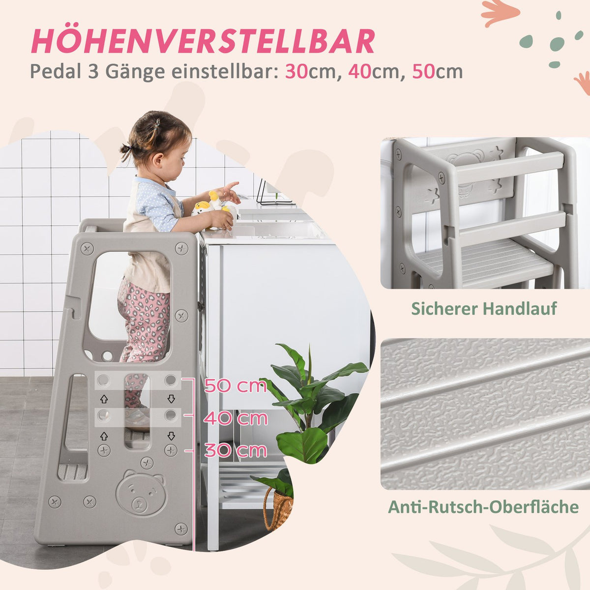 Learning Tower Children'S Step Stool, Montessori Learning Tower With Handles, Height-Adjustable Stool, Kitchen Helper For Children 1.5 To 5 Years