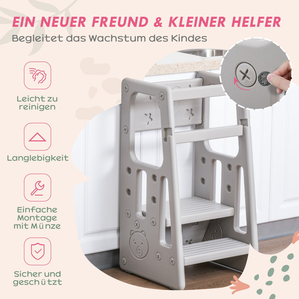 Learning Tower Children'S Step Stool, Montessori Learning Tower With Handles, Height-Adjustable Stool, Kitchen Helper For Children 1.5 To 5 Years