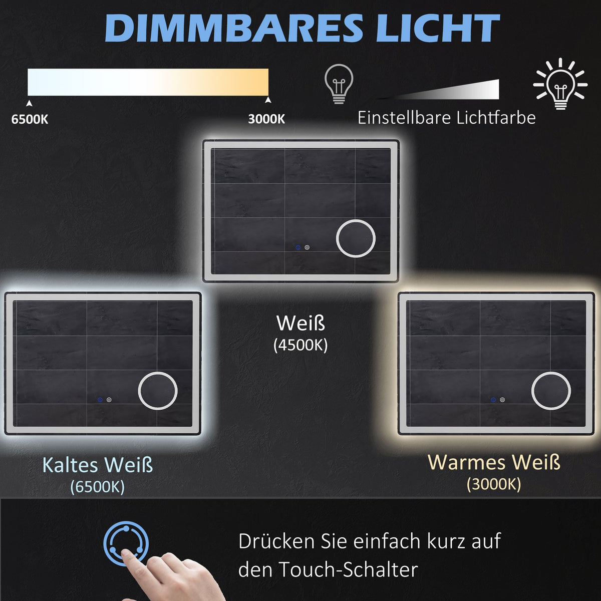 Led Bathroom Mirror Bathroom Mirror With 3X Magnification & Touch Function, 80X60 Cm, 3 Light Colors, Anti-Fog