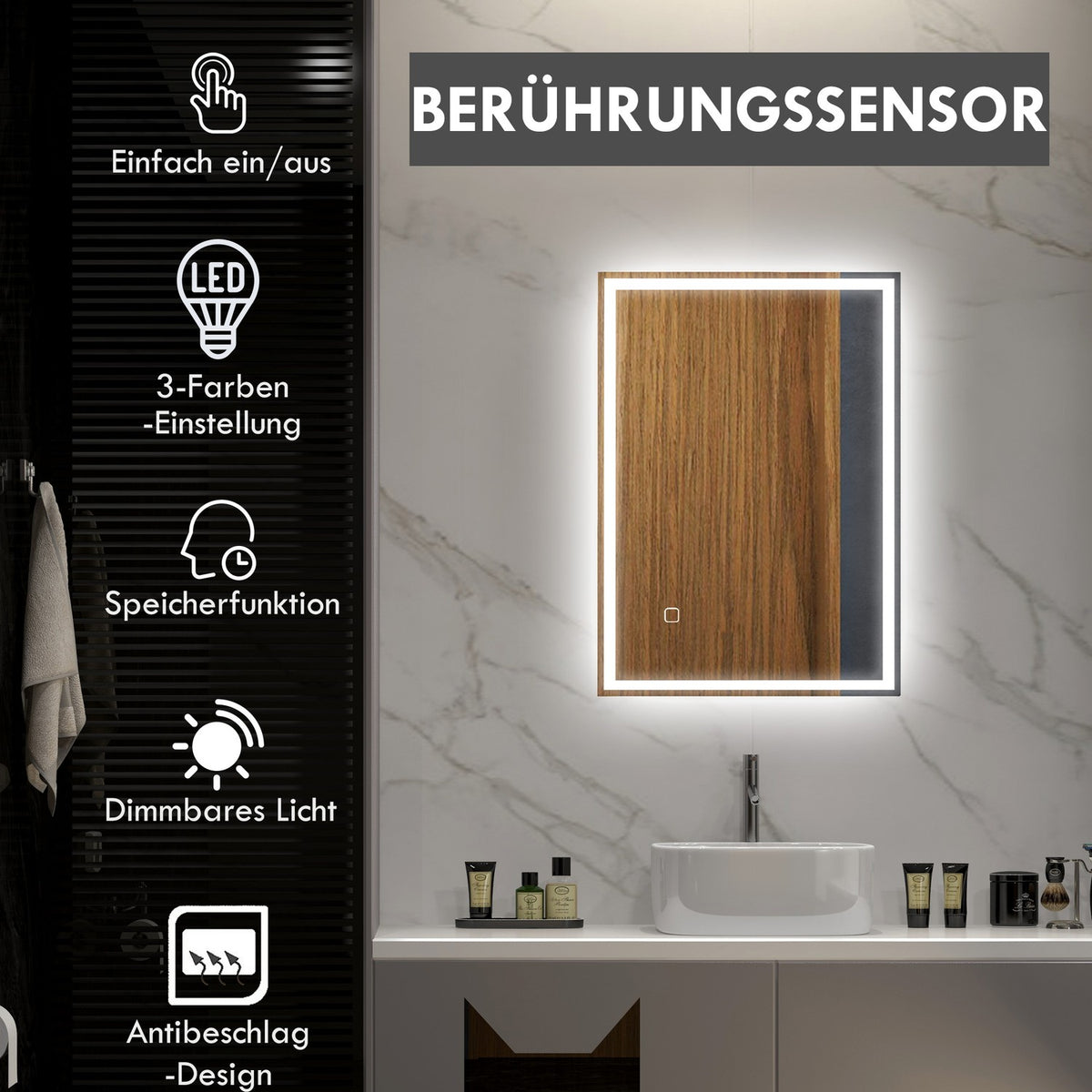 Led Bathroom Mirror Wall Mirror 80X60Cm Fog-Free Touch Switch Ip44