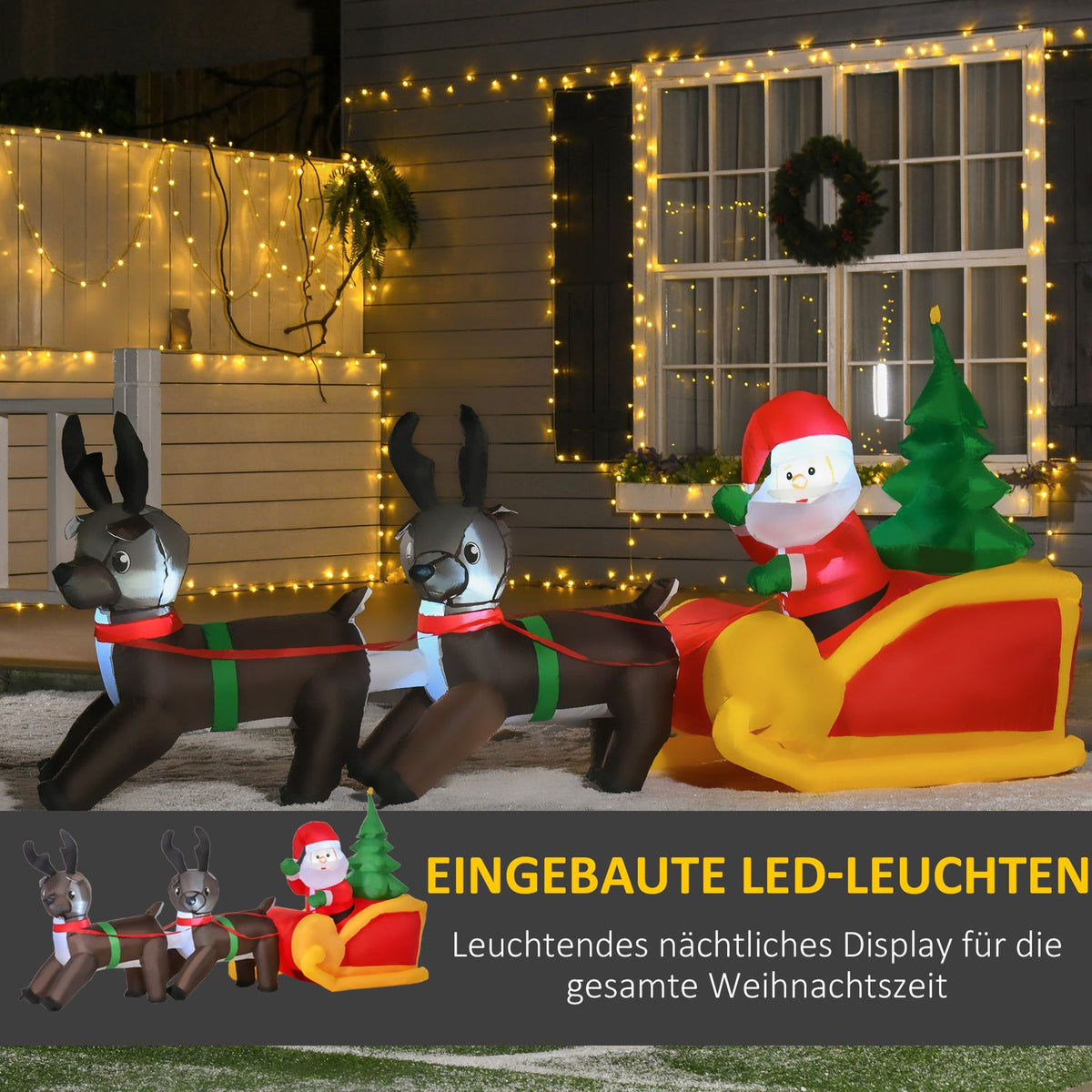 Led Figure Motif Santa Claus With Sleigh And Reindeer Snowman Inflatable Christmas Decoration Illuminated Garden Ip 44 L210 X W80 X H120 Cm