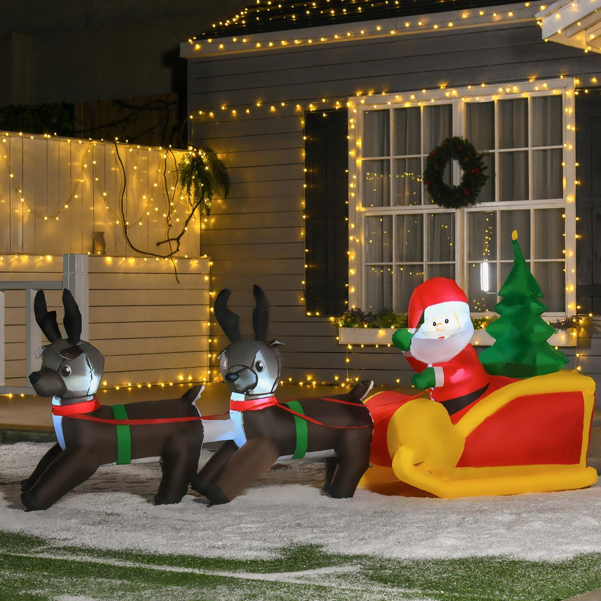 Led Figure Motif Santa Claus With Sleigh And Reindeer Snowman Inflatable Christmas Decoration Illuminated Garden Ip 44 L210 X W80 X H120 Cm