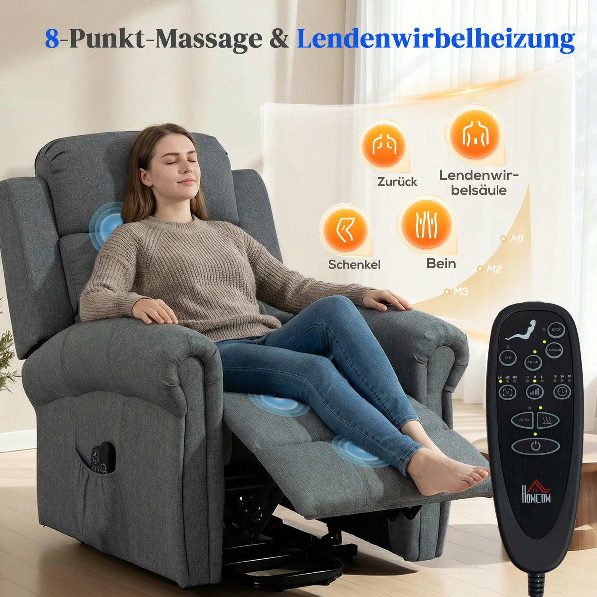Lift Recliner Chair with Massage, Heat, Linen Look, Gray