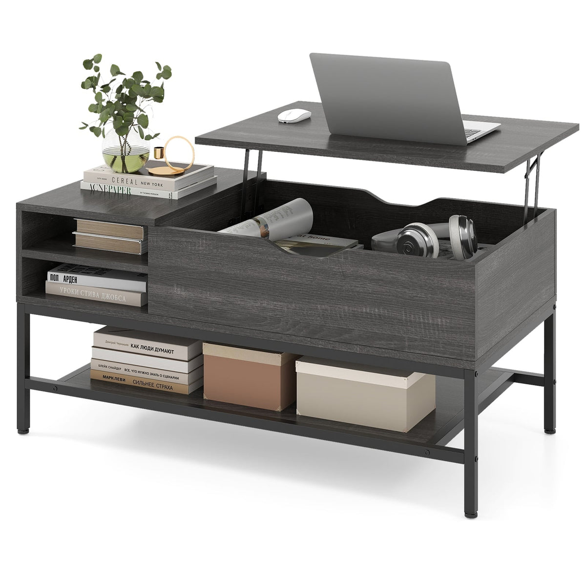 Lift-Top Coffee Table with Storage, Adjustable Height, Gray