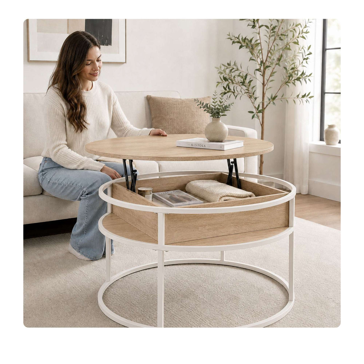 Lift-Top Coffee Table with Storage, White-Beige