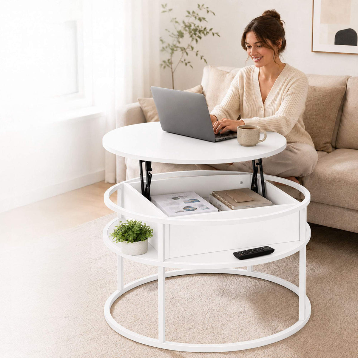 Lift-Top Coffee Table with Storage – White, MDF & Metal