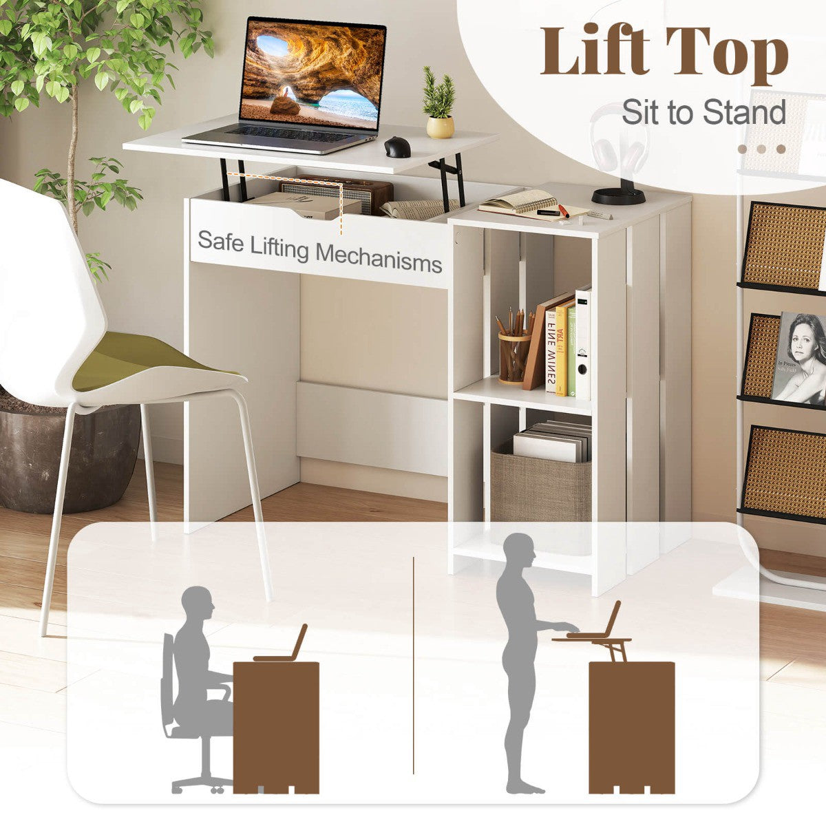 Lift-Top Sit-Stand Computer Desk, 100 x 49 cm, White