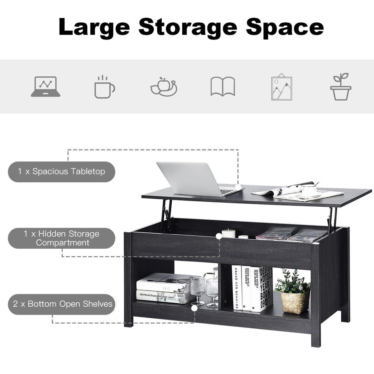 Lift-Top Storage Coffee Table, 109 cm, Black
