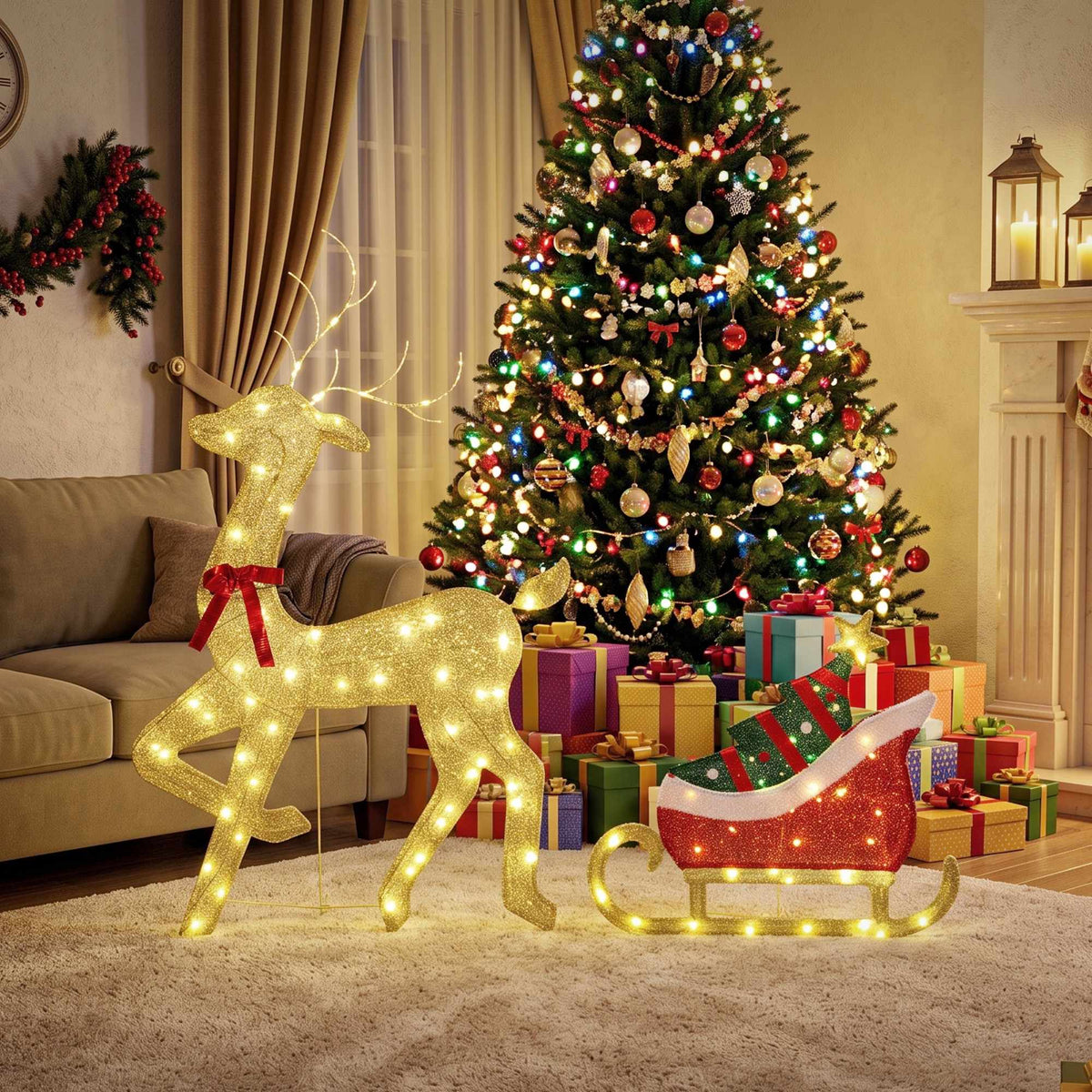 Lighted Reindeer & Sleigh Outdoor Christmas Decor, 95 LEDs