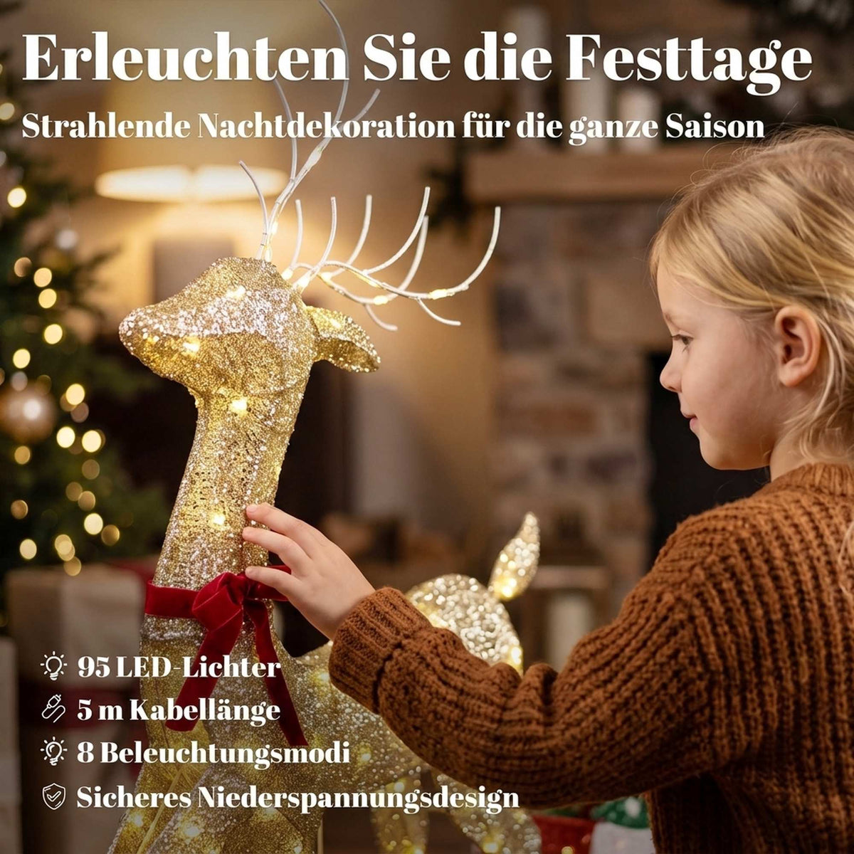 Lighted Reindeer & Sleigh Outdoor Christmas Decor, 95 LEDs