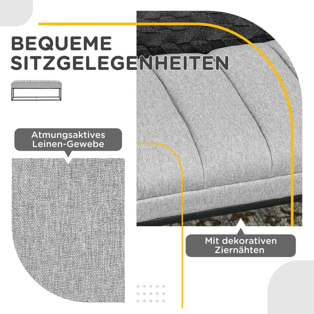 Light gray upholstered bench in linen look for bedrooms