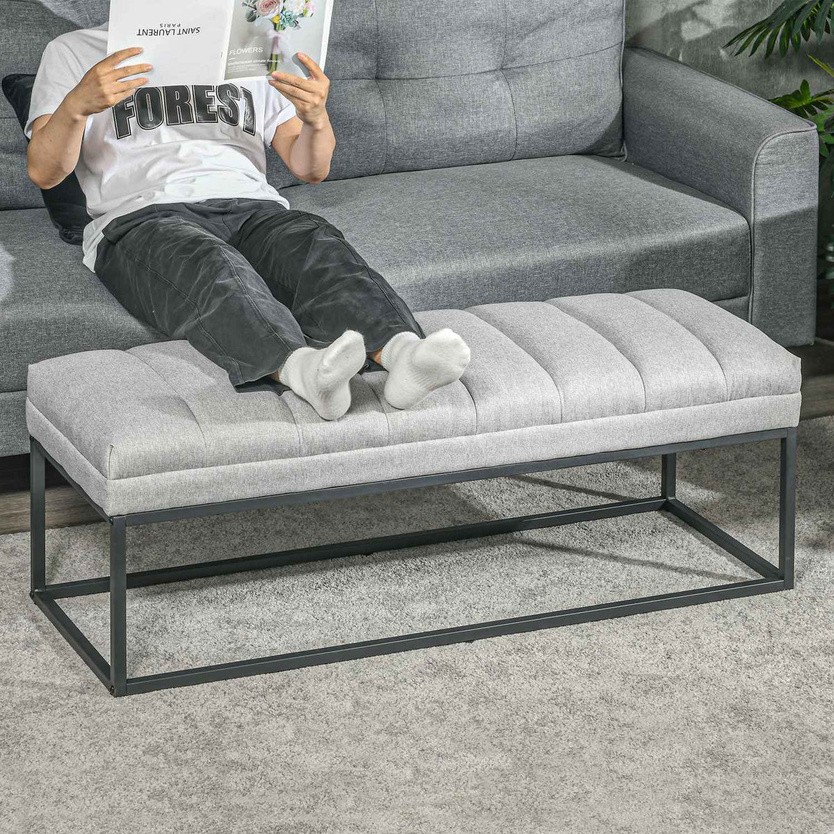 Light gray upholstered bench in linen look for bedrooms