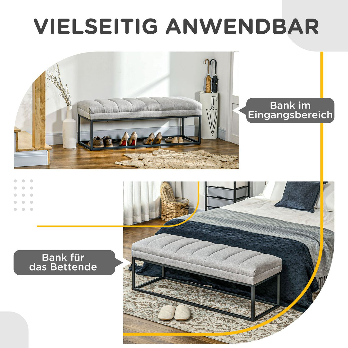 Light gray upholstered bench in linen look for bedrooms