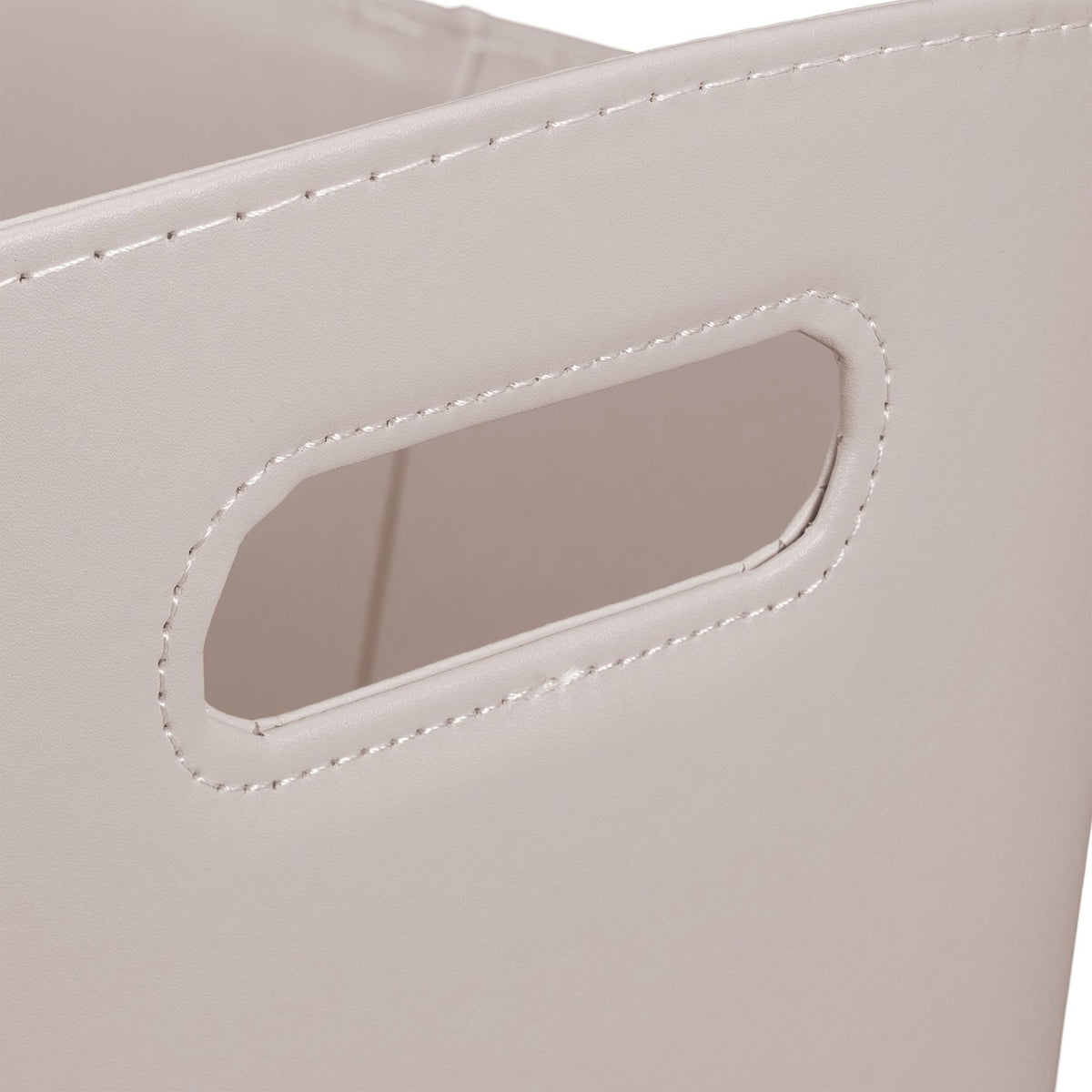 Light gray wooden basket in imitation leather