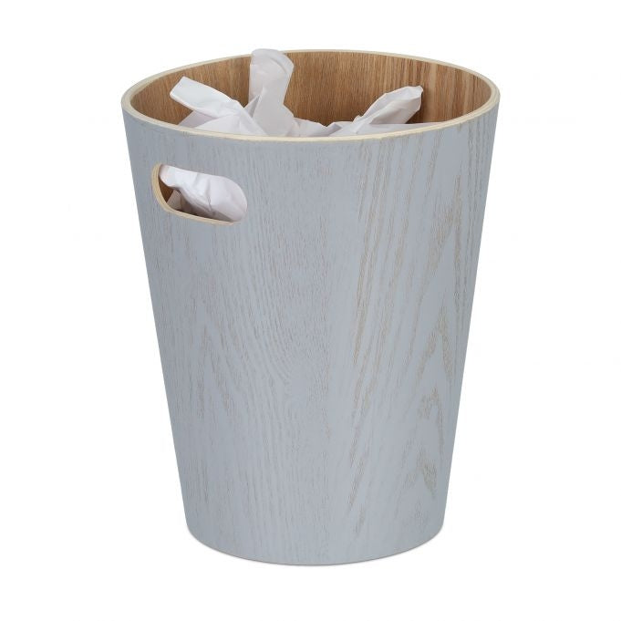 Light gray wooden wastebasket