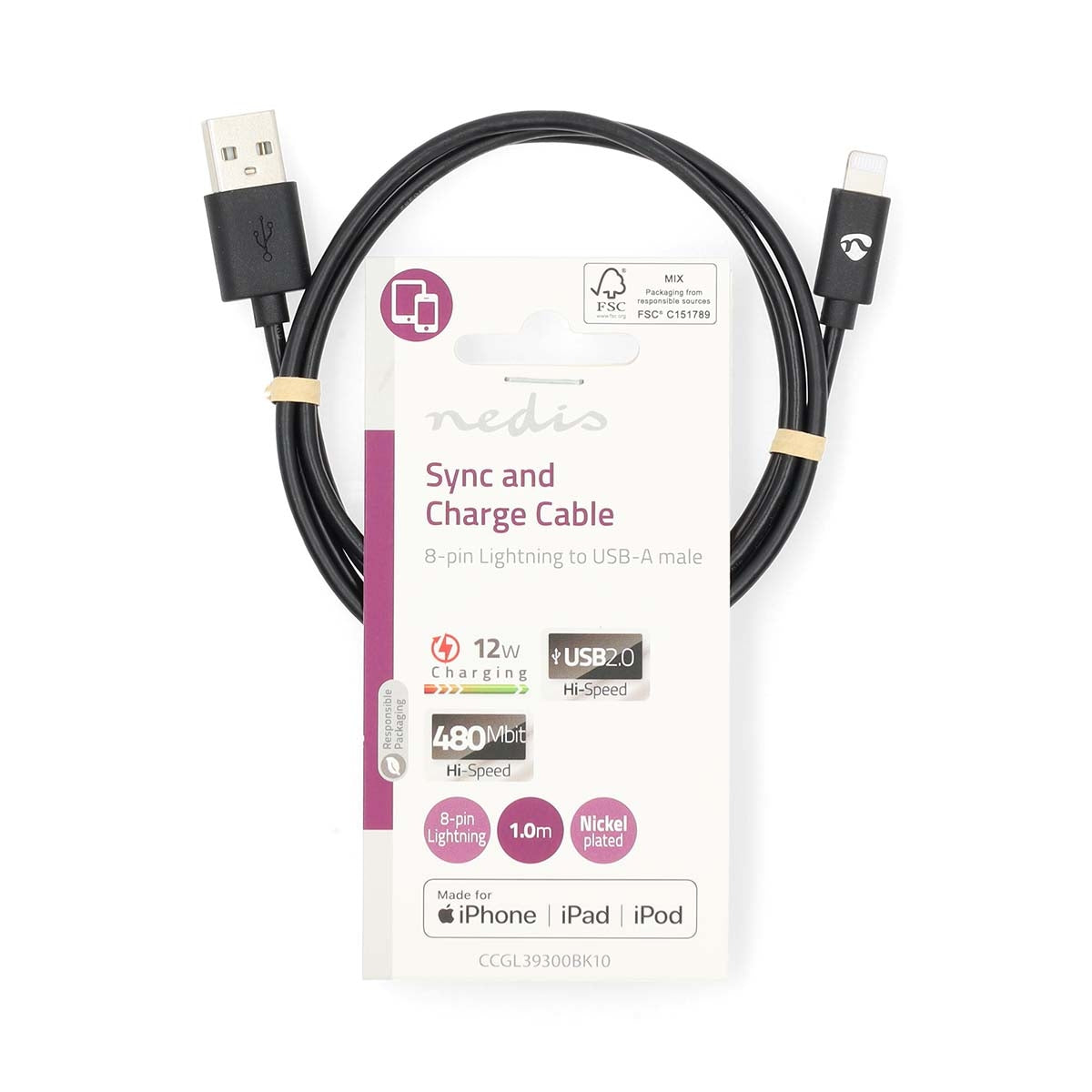 Lightning Cable | USB 2.0 | Apple Lightning 8-Pin | USB-A Male | 480 Mbps | Nickel Plated | 1.00 m | Round | PVC | Black | Label