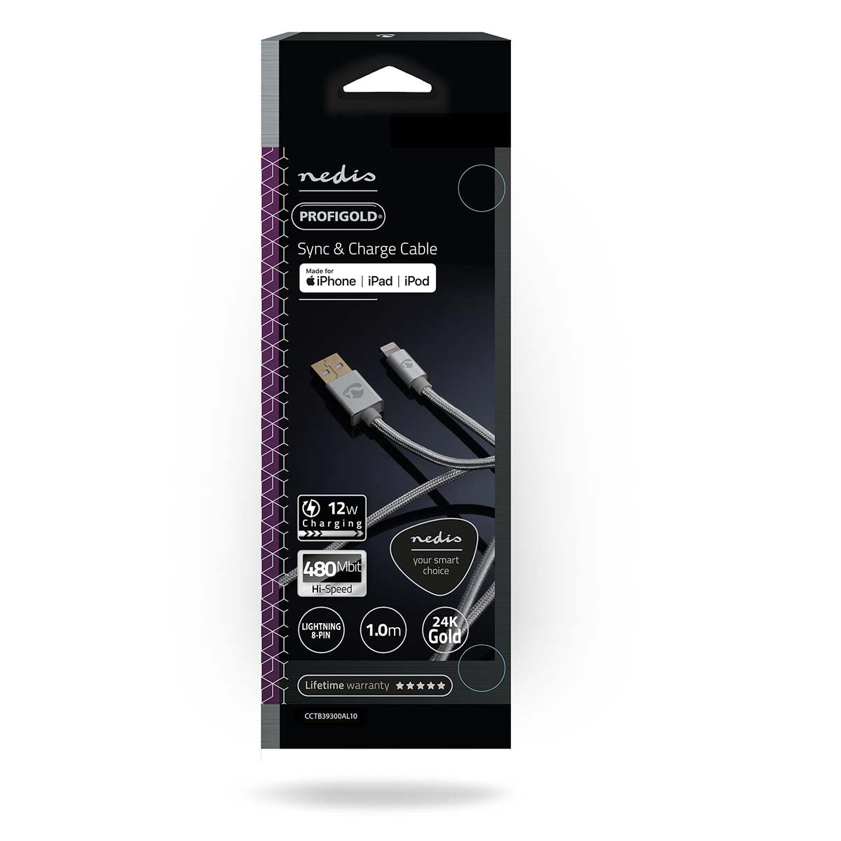Lightning Cable | USB 2.0 | Apple Lightning, 8-pin | USB-A Male | 480 Mbps | Gold Plated | 1.00 m | Round | Braided / Nylon | Aluminum | Carton with covered window