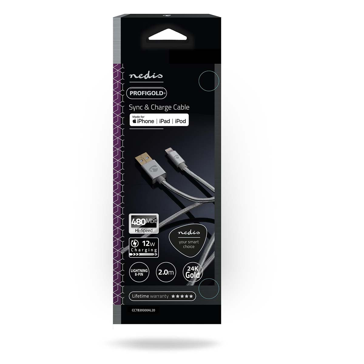 Lightning Cable | USB 2.0 | Apple Lightning, 8-pin | USB-A Male | 480 Mbps | Gold Plated | 2.00 m | Round | Braided / Nylon | Aluminum | Carton with covered window