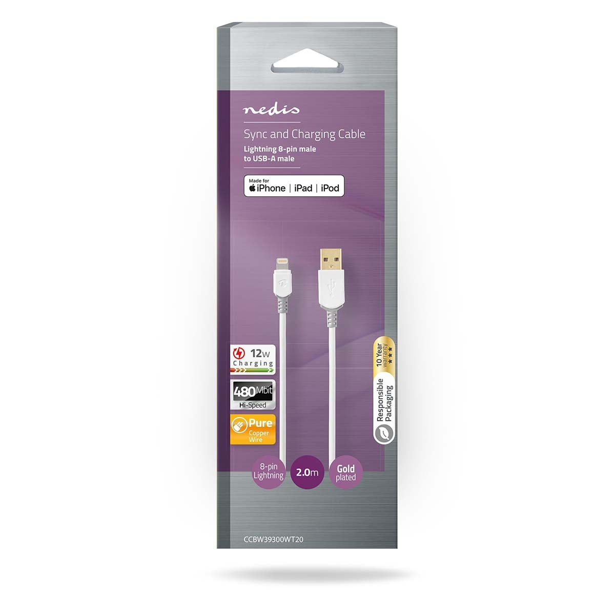 Lightning Cable | USB 2.0 | Apple Lightning, 8-pin | USB-A Male | 480 Mbps | Gold Plated | 2.00 m | Round | PVC | Grey/White | Box