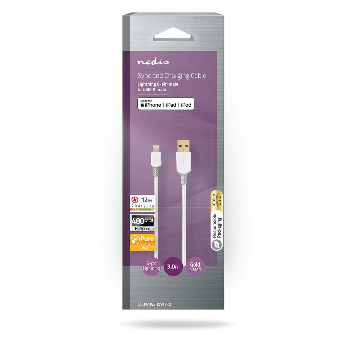 Lightning Cable | USB 2.0 | Apple Lightning, 8-pin | USB-A Male | 480 Mbps | Gold Plated | 3.00 m | Round | PVC | Grey/White | Box