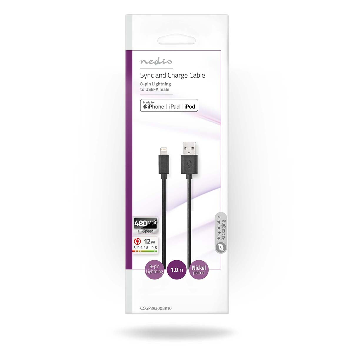 Lightning Cable | USB 2.0 | Apple Lightning, 8-pin | USB-A Male | 480 Mbps | Nickel Plated | 1.00 m | Round | PVC | Black | Plastic bag
