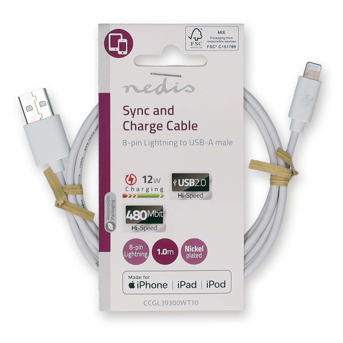 Lightning Cable | USB 2.0 | Apple Lightning, 8-pin | USB-A Male | 480 Mbps | Nickel Plated | 1.00 m | Round | PVC | White | Label