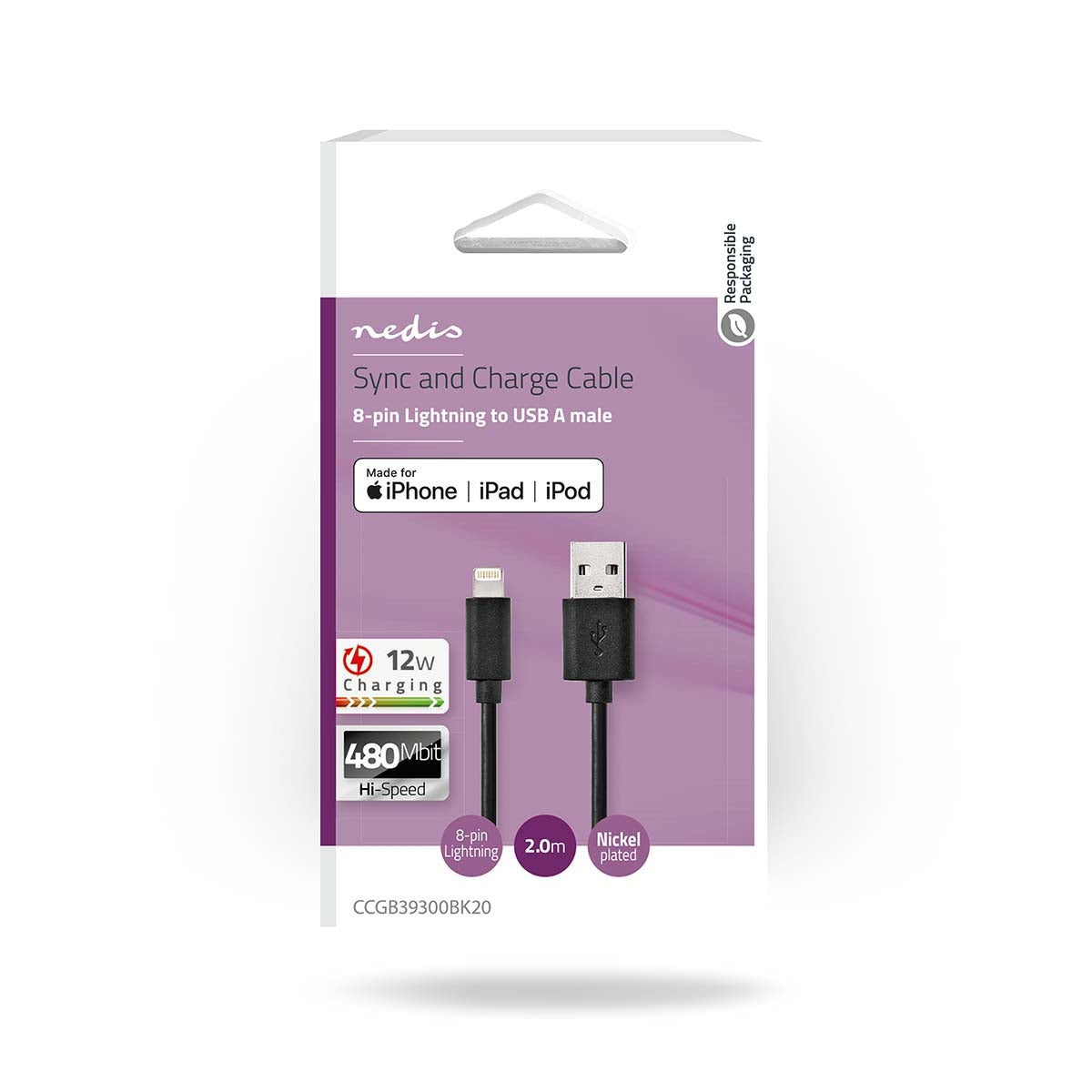 Lightning Cable | USB 2.0 | Apple Lightning, 8-pin | USB-A Male | 480 Mbps | Nickel Plated | 2.00 m | Round | PVC | Black | Box