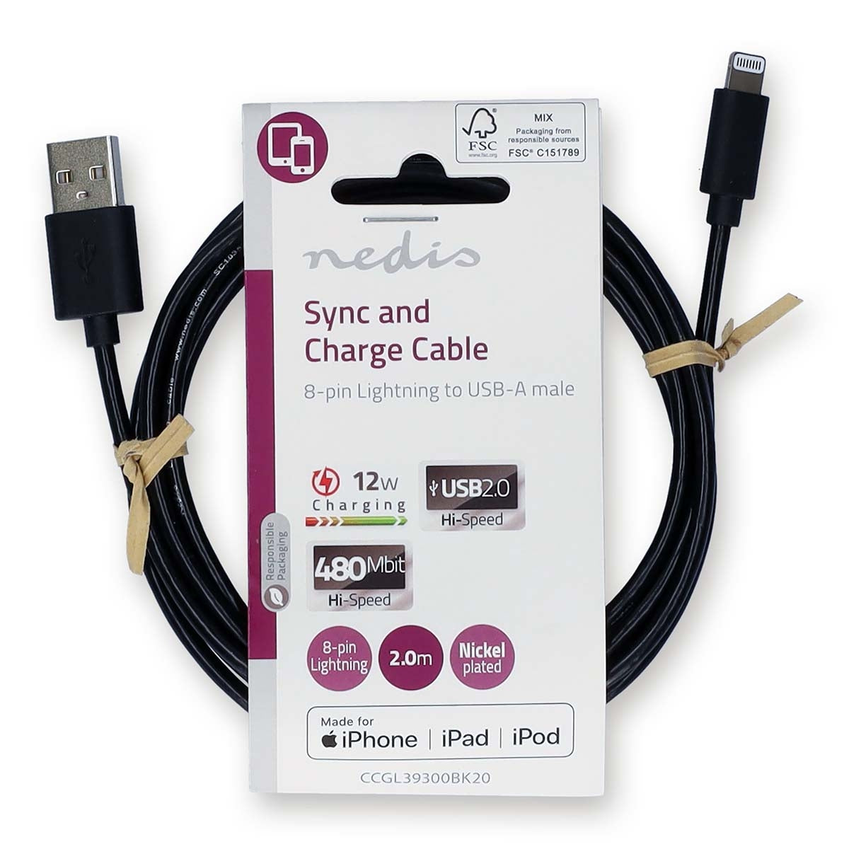 Lightning Cable | USB 2.0 | Apple Lightning, 8-pin | USB-A Male | 480 Mbps | Nickel Plated | 2.00 m | Round | PVC | Black | Label