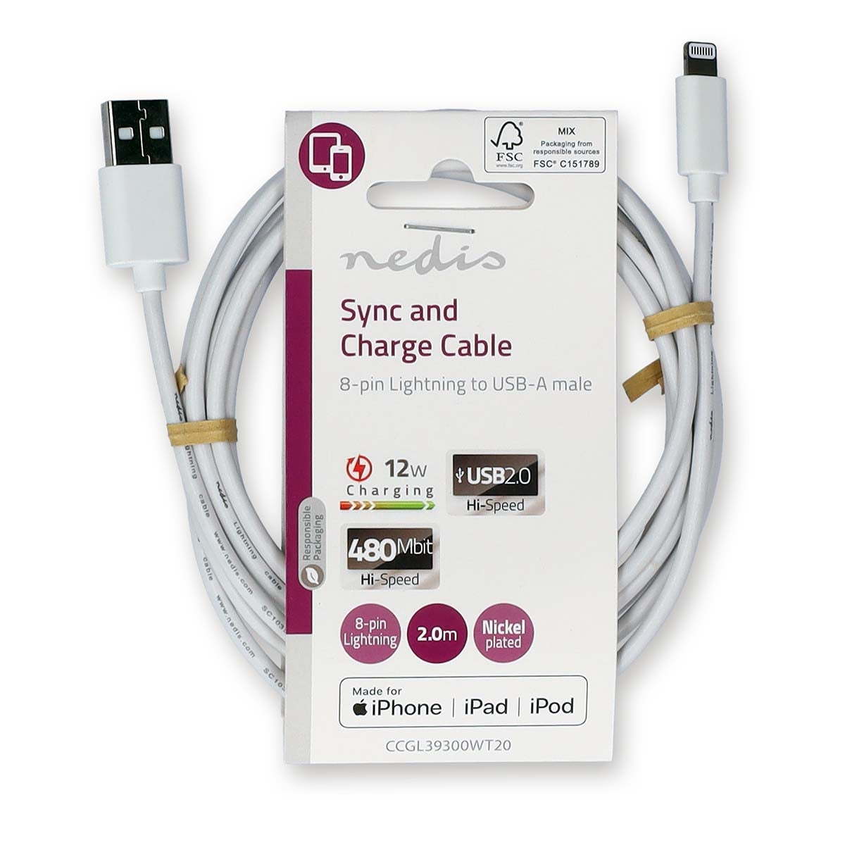 Lightning Cable | USB 2.0 | Apple Lightning, 8-pin | USB-A Male | 480 Mbps | Nickel Plated | 2.00 m | Round | PVC | White | Label