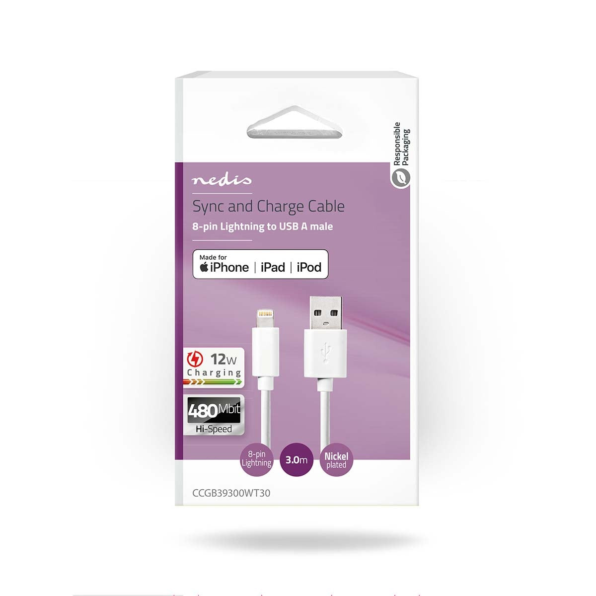 Lightning Cable | USB 2.0 | Apple Lightning, 8-pin | USB-A Male | 480 Mbps | Nickel Plated | 3.00 m | Round | PVC | White | Box