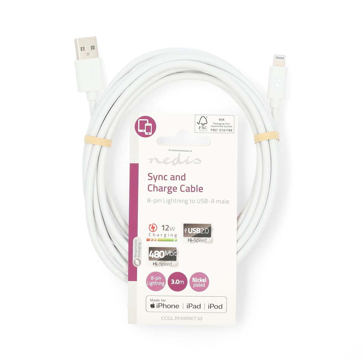 Lightning Cable | USB 2.0 | Apple Lightning, 8-pin | USB-A Male | 480 Mbps | Nickel Plated | 3.00 m | Round | PVC | White | Label