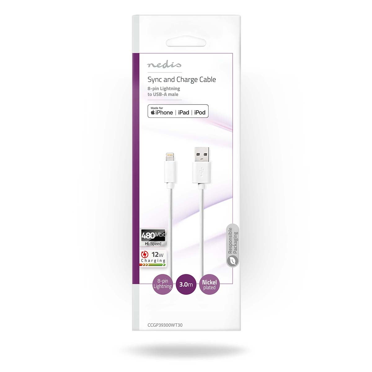 Lightning Cable | USB 2.0 | Apple Lightning, 8-pin | USB-A Male | 480 Mbps | Nickel Plated | 3.00 m | Round | PVC | White | Plastic bag