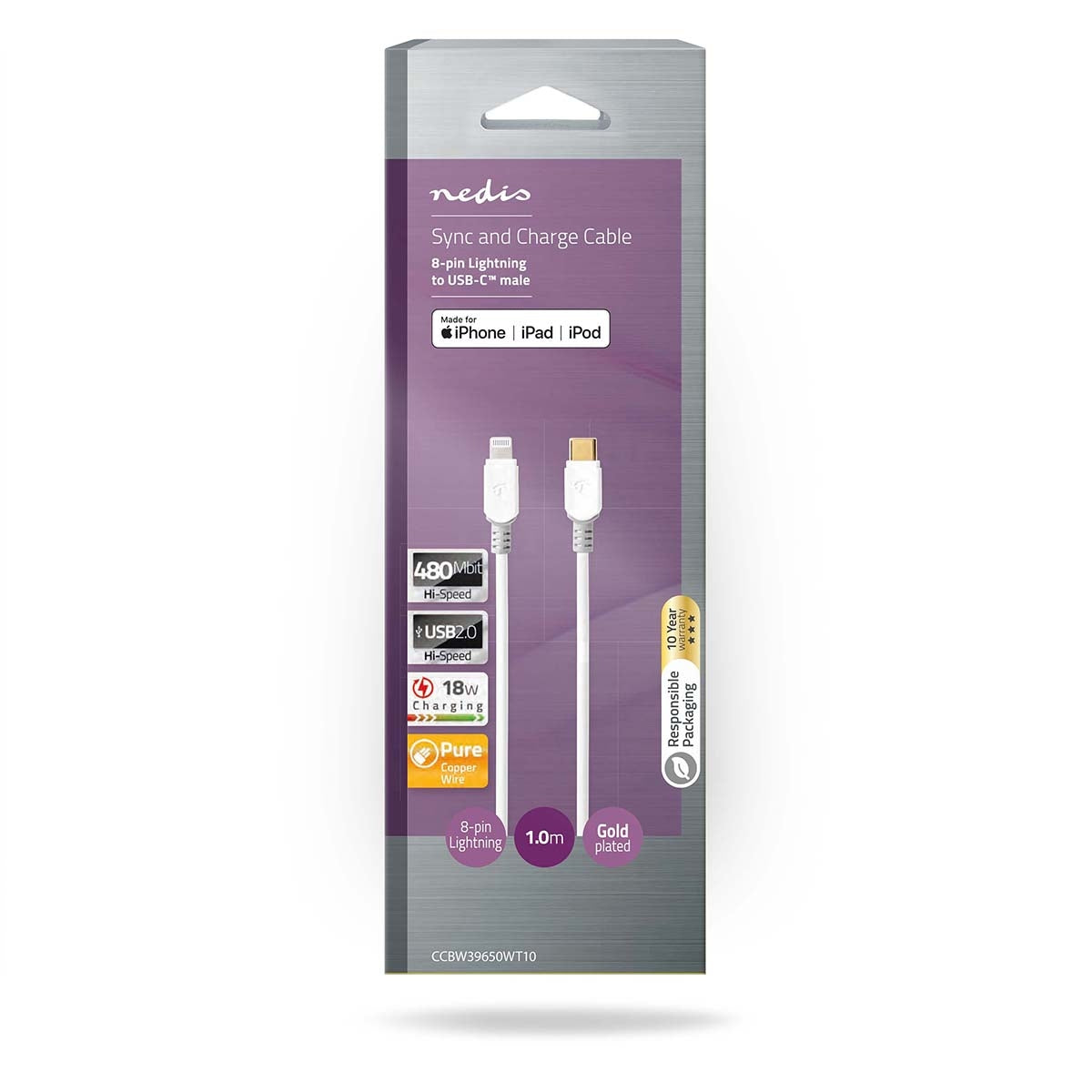 Lightning Cable | USB 2.0 | Apple Lightning, 8-pin | USB-C™ Male | 480 Mbps | Gold Plated | 1.00 m | Round | PVC | White | Box