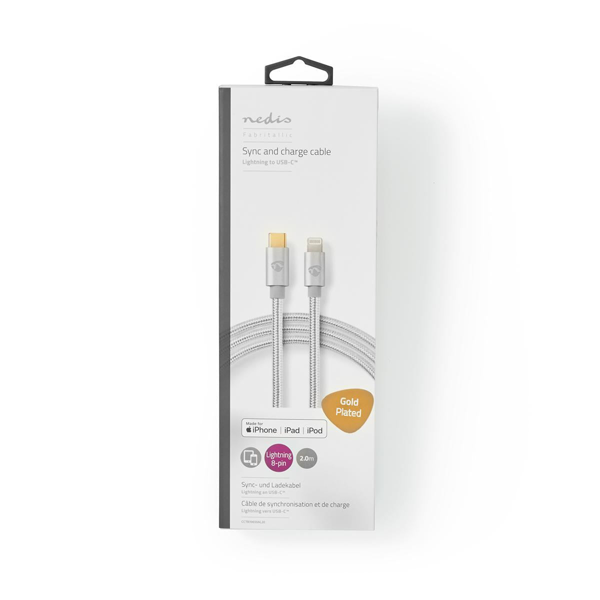 Lightning Cable | USB 2.0 | Apple Lightning, 8-pin | USB-C™ Male | 480 Mbps | Gold Plated | 2.00 m | Round | Braided / Nylon | Aluminum | Carton with covered window