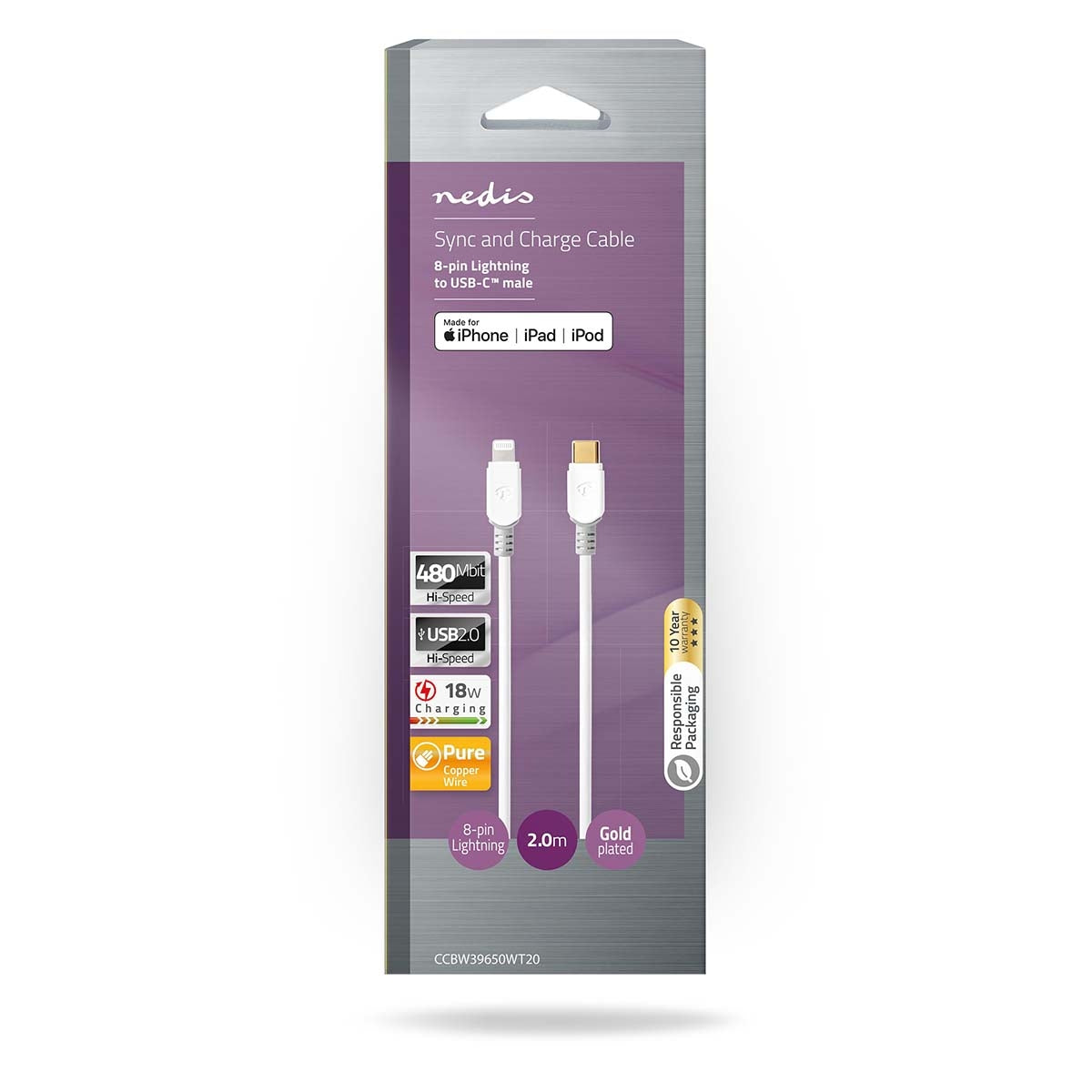 Lightning Cable | USB 2.0 | Apple Lightning, 8-pin | USB-C™ Male | 480 Mbps | Gold Plated | 2.00 m | Round | PVC | White | Cardboard box with window