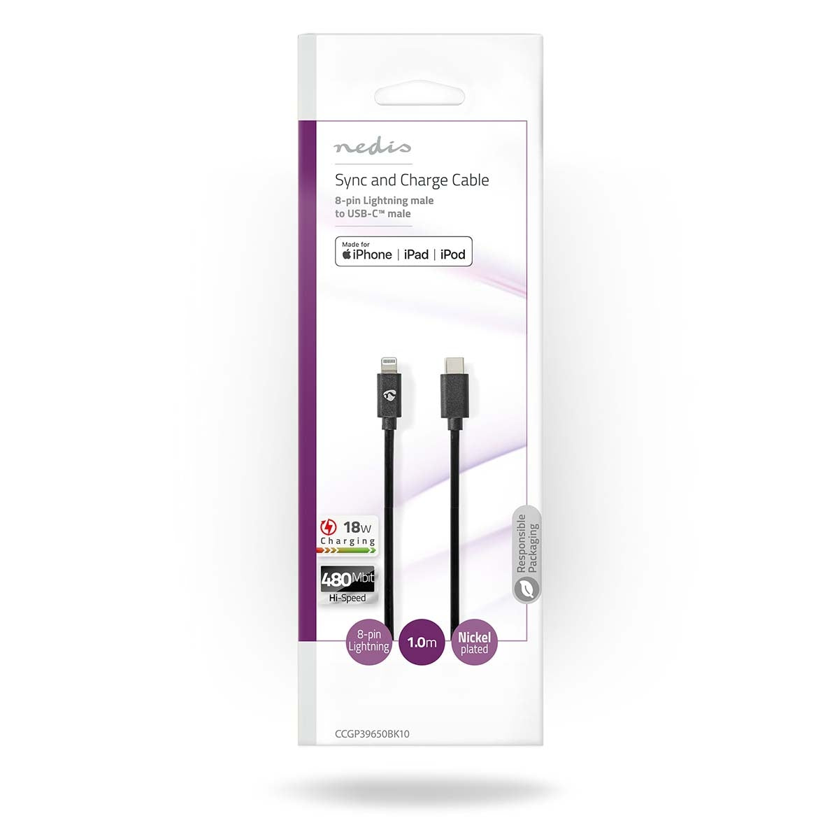 Lightning Cable | USB 2.0 | Apple Lightning, 8-pin | USB-C™ Male | 480 Mbps | Nickel Plated | 1.00 m | Round | PVC | Black | Envelope