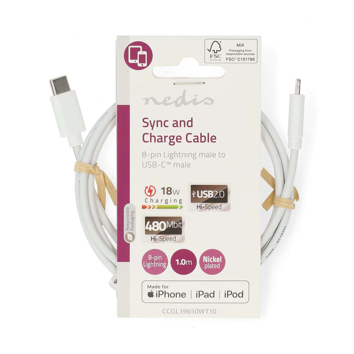 Lightning Cable | USB 2.0 | Apple Lightning, 8-pin | USB-C™ Male | 480 Mbps | Nickel Plated | 1.00 m | Round | PVC | White | Label