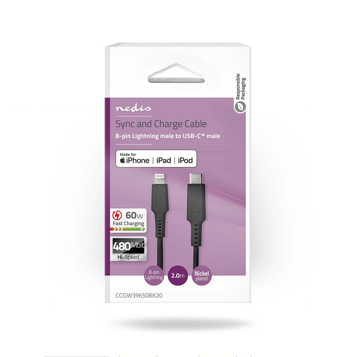 Lightning Cable | USB 2.0 | Apple Lightning, 8-pin | USB-C™ Male | 480 Mbps | Nickel Plated | 2.00 m | Round | PVC | Black | Box