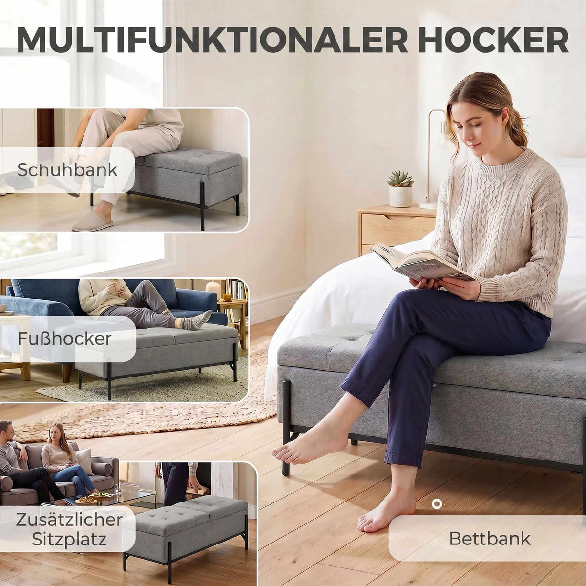 Linen Storage Bench with Dual Compartments, 117 x 50 x 44 cm