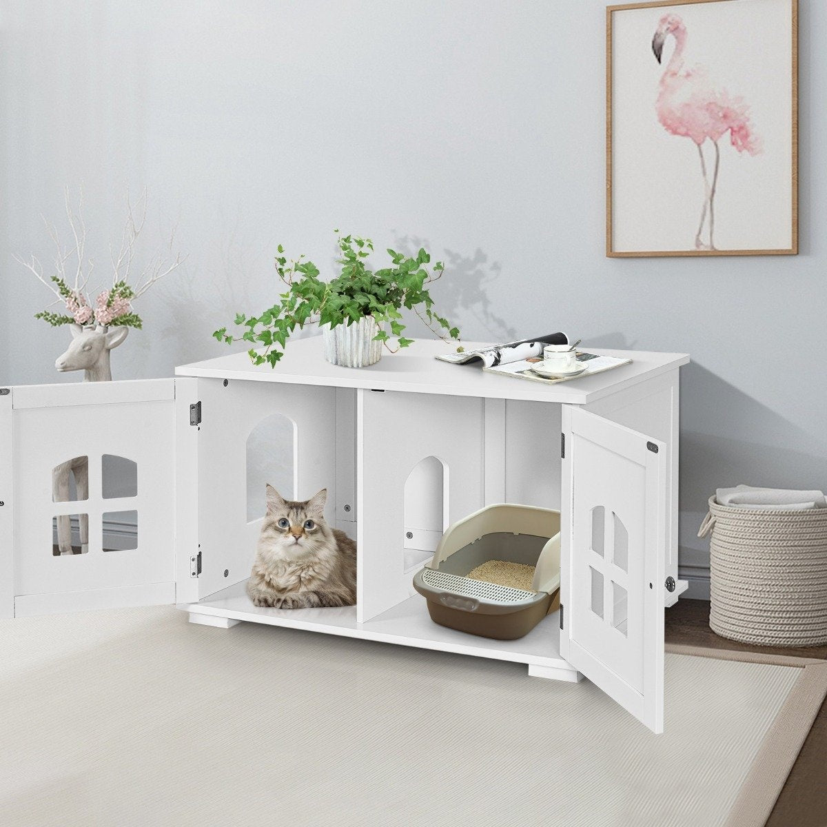 Litter Box Enclosure Cat House with Double Doors and Windows Decorative Litter Box