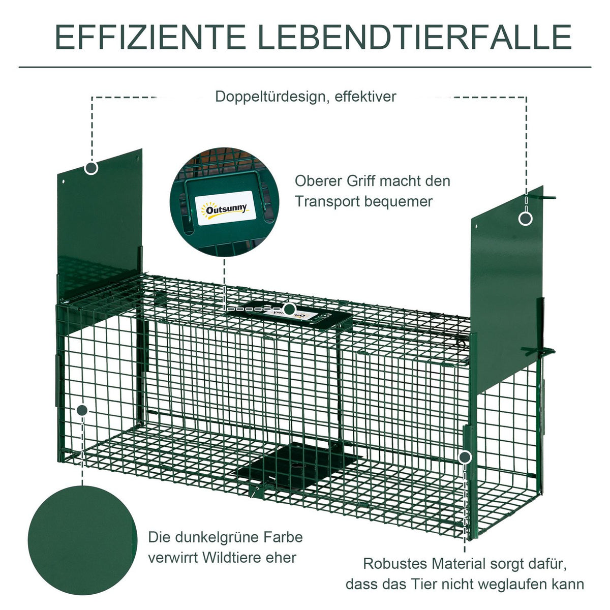 Live Trap Marten Trap With Double Door & Handle, Rat Trap, Steel, Dark Green, 80X25X30Cm