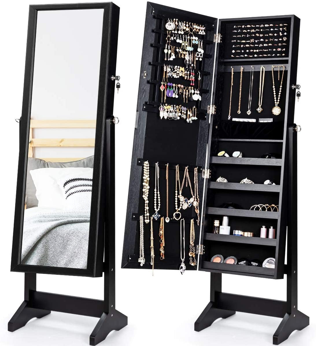 Lockable Jewelry Armoire with Full-Length Mirror, Black