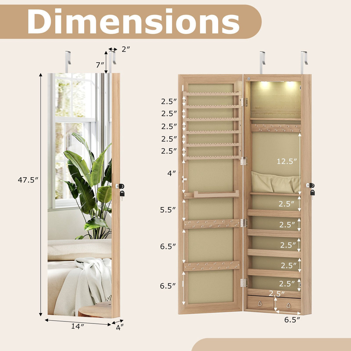 Lockable Jewelry Cabinet With Mirror, LED, Wall Mount