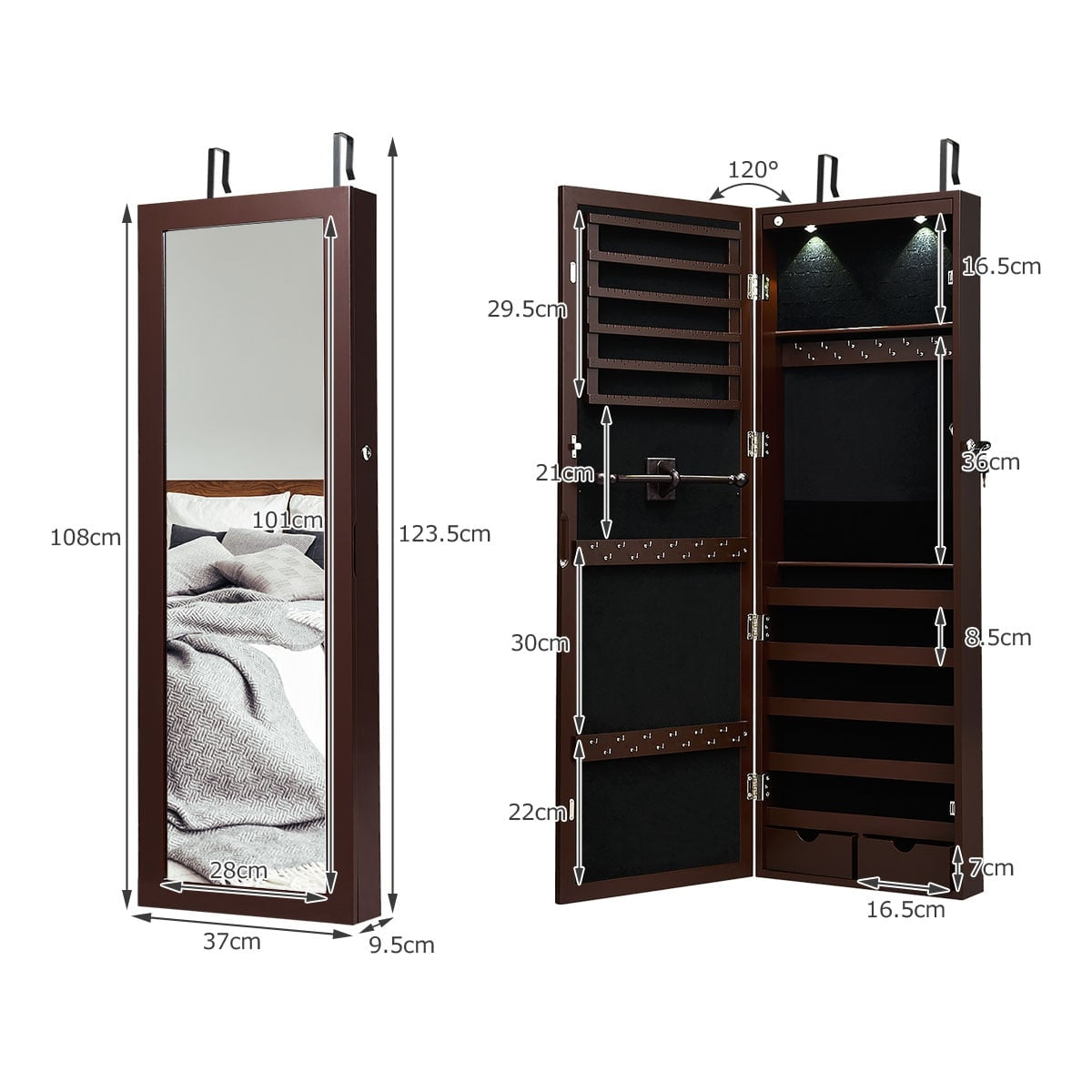 Lockable LED Jewelry Cabinet with Full-Length Mirror