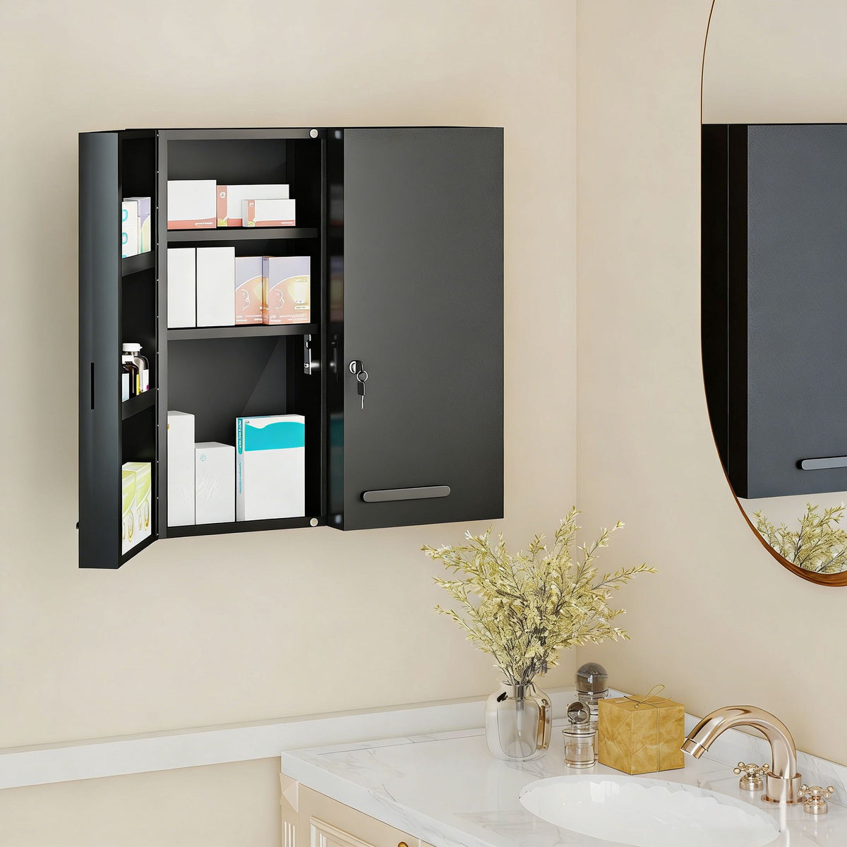 Lockable Medicine Cabinet, 6 Shelves, Black Steel