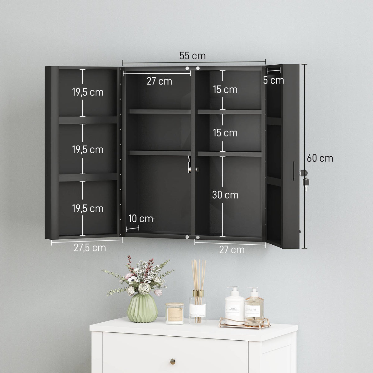Lockable Medicine Cabinet, 6 Shelves, Black Steel