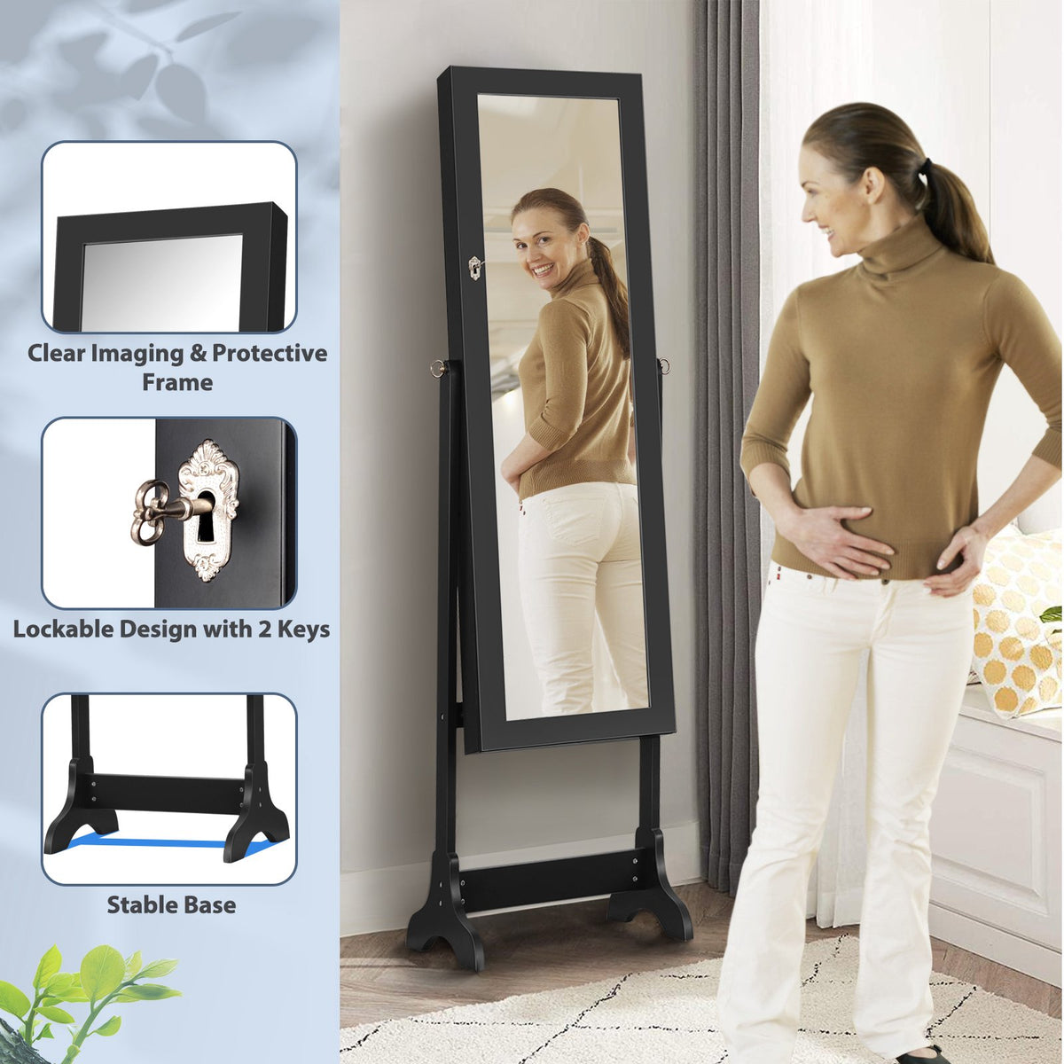Lockable Mirrored Jewelry Cabinet, Full-Length Mirror, Black
