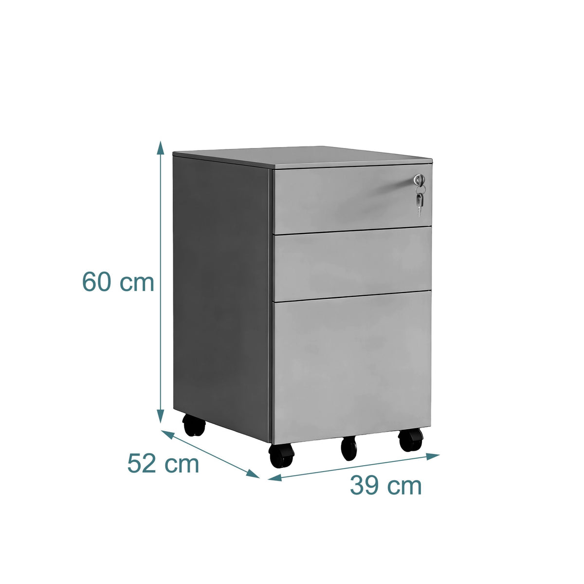 Lockable Steel Rolling File Cabinet, 3 Drawers