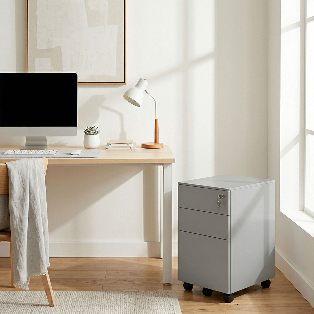 Lockable Steel Rolling File Cabinet, 3 Drawers