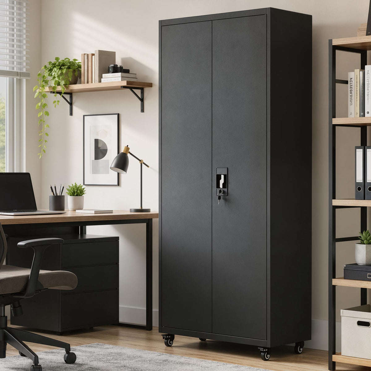 Lockable Steel Storage Cabinet with Wheels, Adjustable Shelves